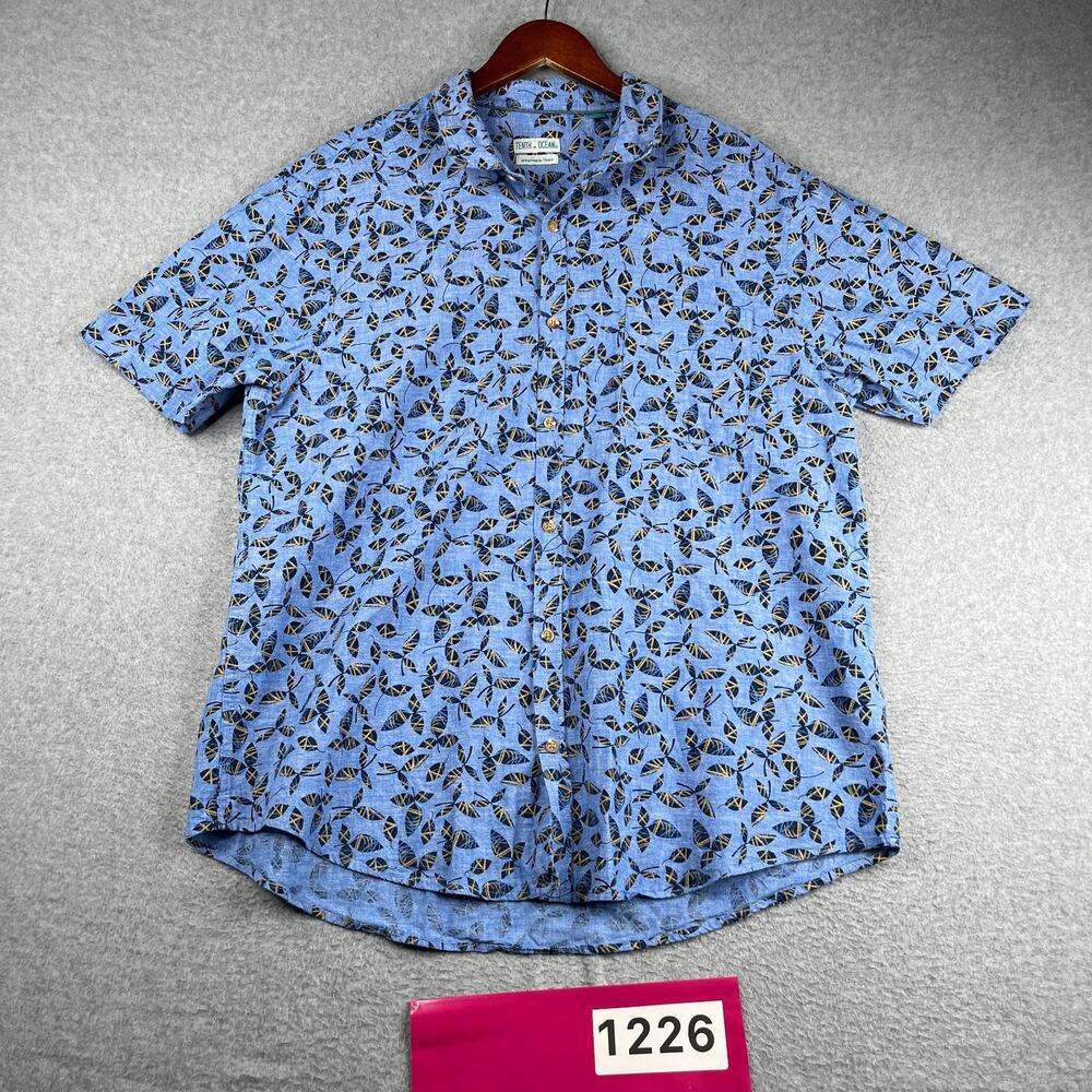 Tenth + Ocean Washable Linen Shirt XXL Blue Tropical Button Up Short Sleeve